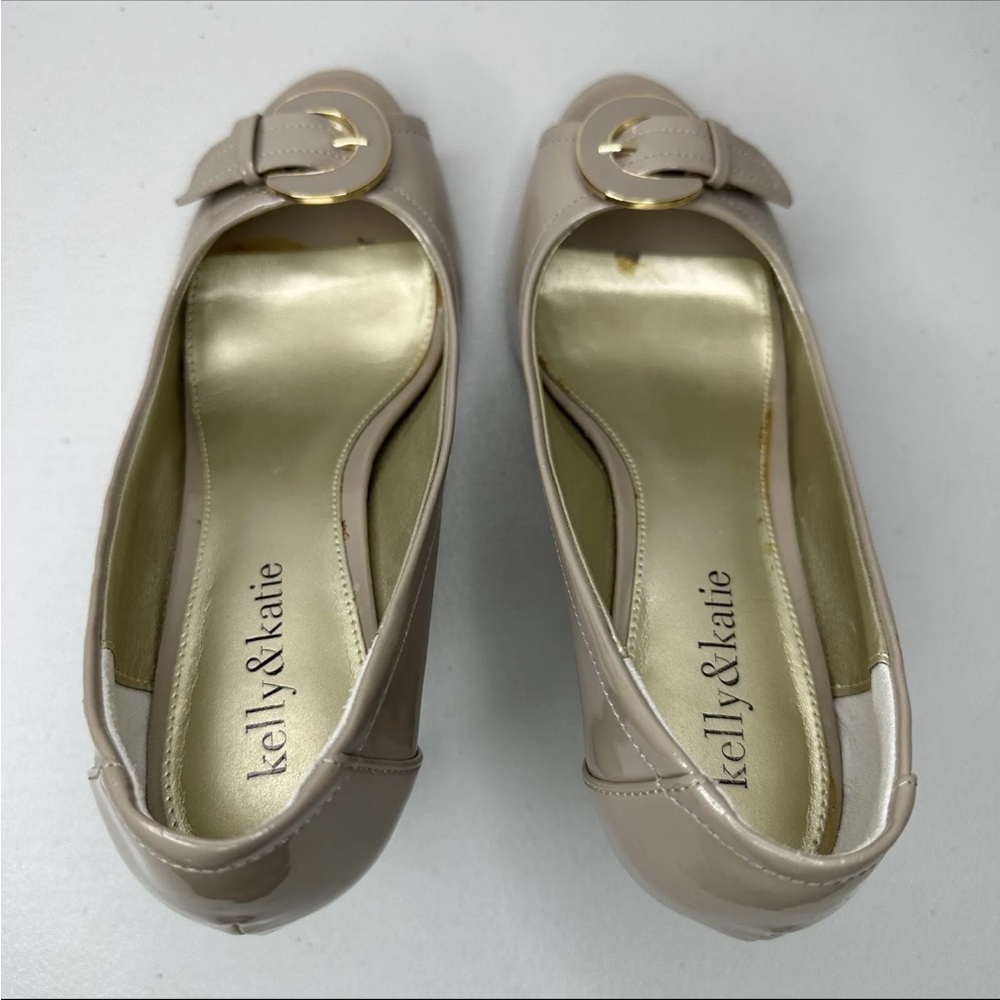Kelly & Katie Tan Peep Toe Pumps Size 7 M Nude Patent Buckle High Heel Shoes - Picture 8 of 14